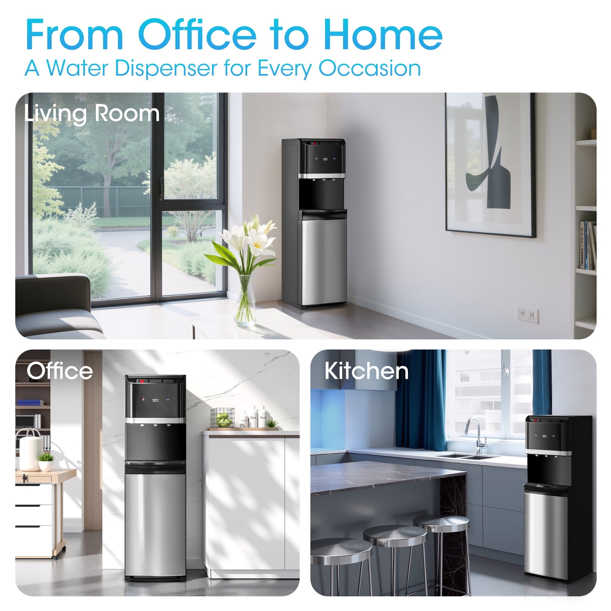 Manastin Bottom Loading 304 Stainless Steel Water Cooler Dispenser for 3-5 Gallon Bottles, Water Cooler with 3 Temperature Settings - Hot, Cold & Room Water, Ideal Design for Home & Office