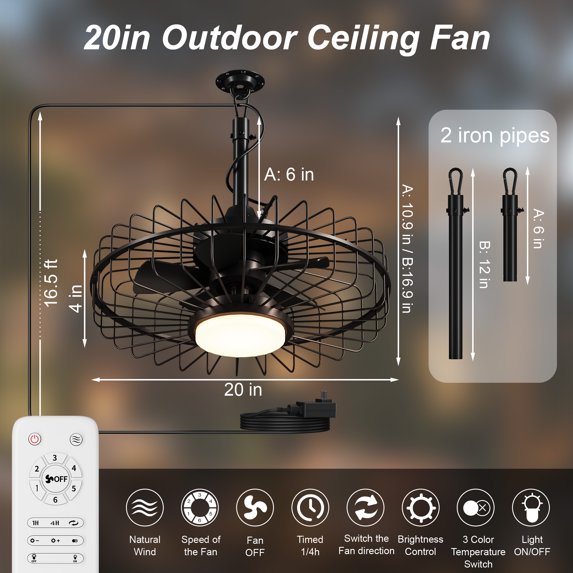 20" Outdoor Ceiling Fan with Light with Remote, 6 Speeds & Timer, 3CCT Dimmable LED, IP65 Waterproof, for Kitchen, Bedroom, Outdoor, Black