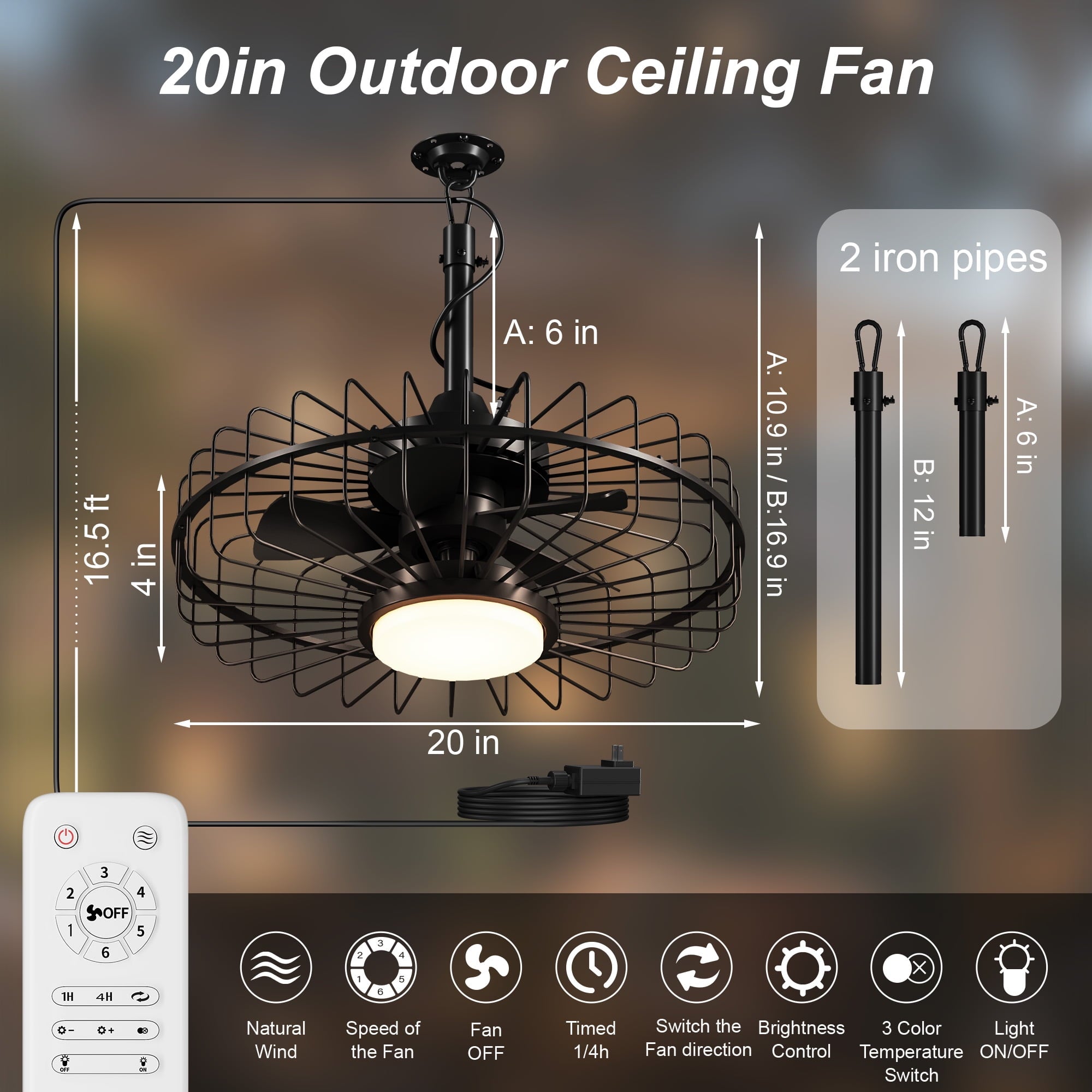 20" Outdoor Ceiling Fan with Lights,IP65 Waterproof Gazebo Hanging Fan with Remote Control, Plug in Caged Ceiling Fan with 3CCT 6-Speeds for Patio Porch Pergola, Black