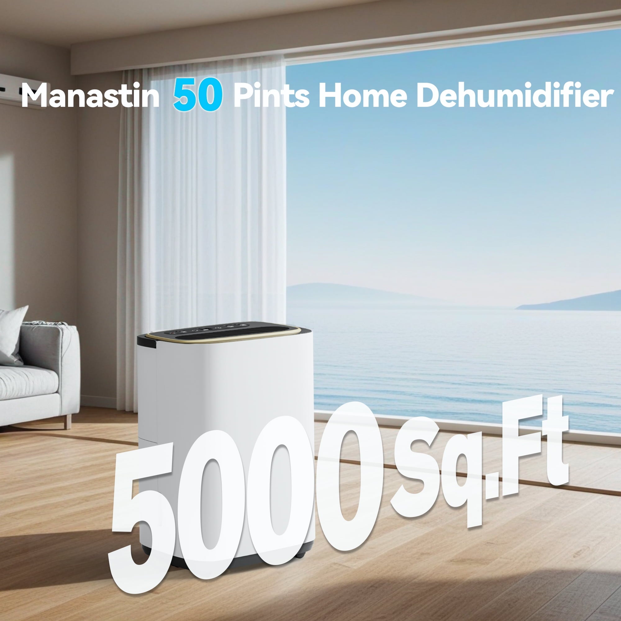 Manastin 50 Pint Dehumidifier for 5,000 Sq. Ft. with Drain and 1.6 Gallon Tank for Basement, Bedroom, Garage, Bathroom