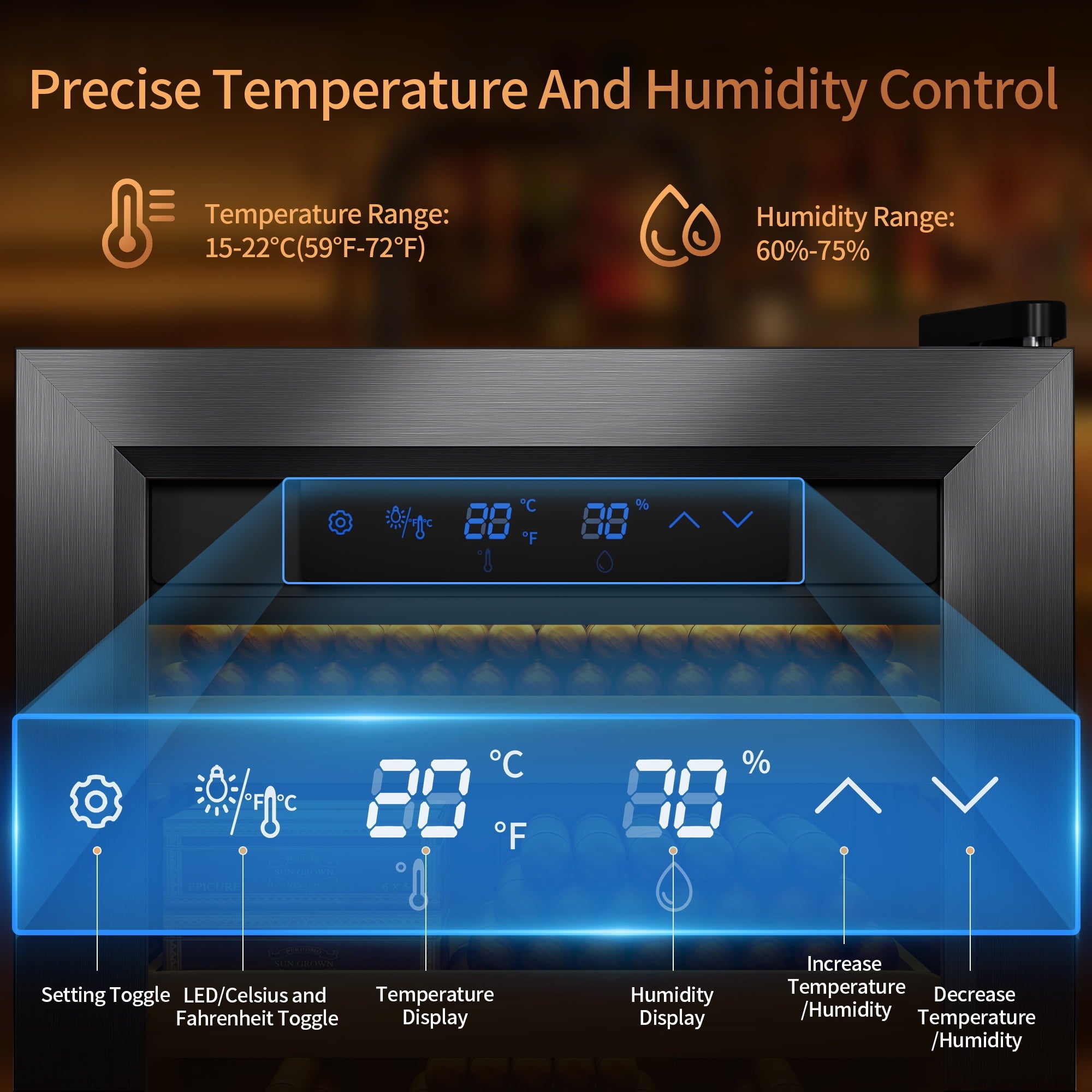 Cigar Humidor, Cigar Humidor Cabinet Light Control System with Hygrometer, Cigar Accessories Drawer