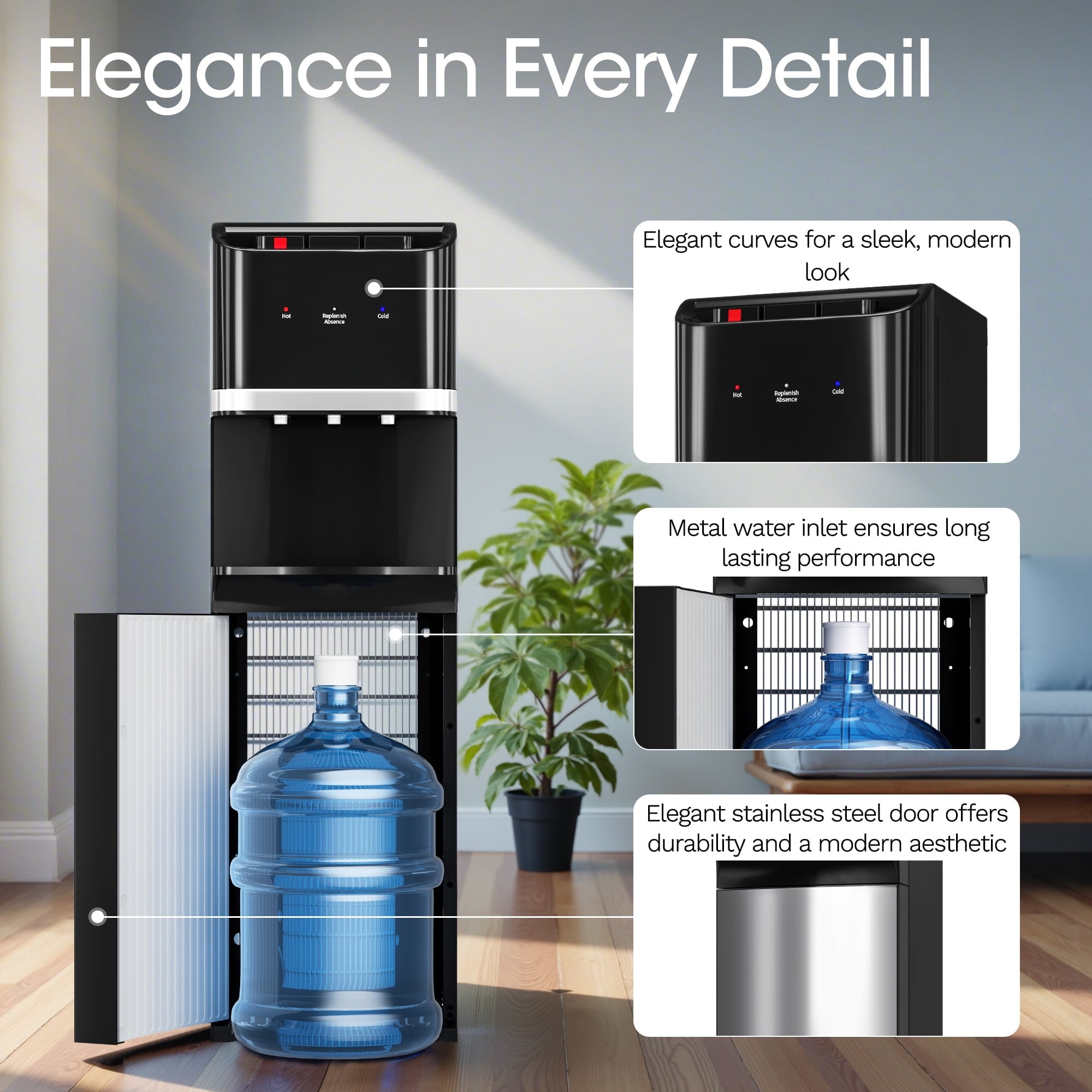 Manastin Bottom Loading 304 Stainless Steel Water Cooler Dispenser for 3-5 Gallon Bottles, Water Cooler with 3 Temperature Settings - Hot, Cold & Room Water, Ideal Design for Home & Office