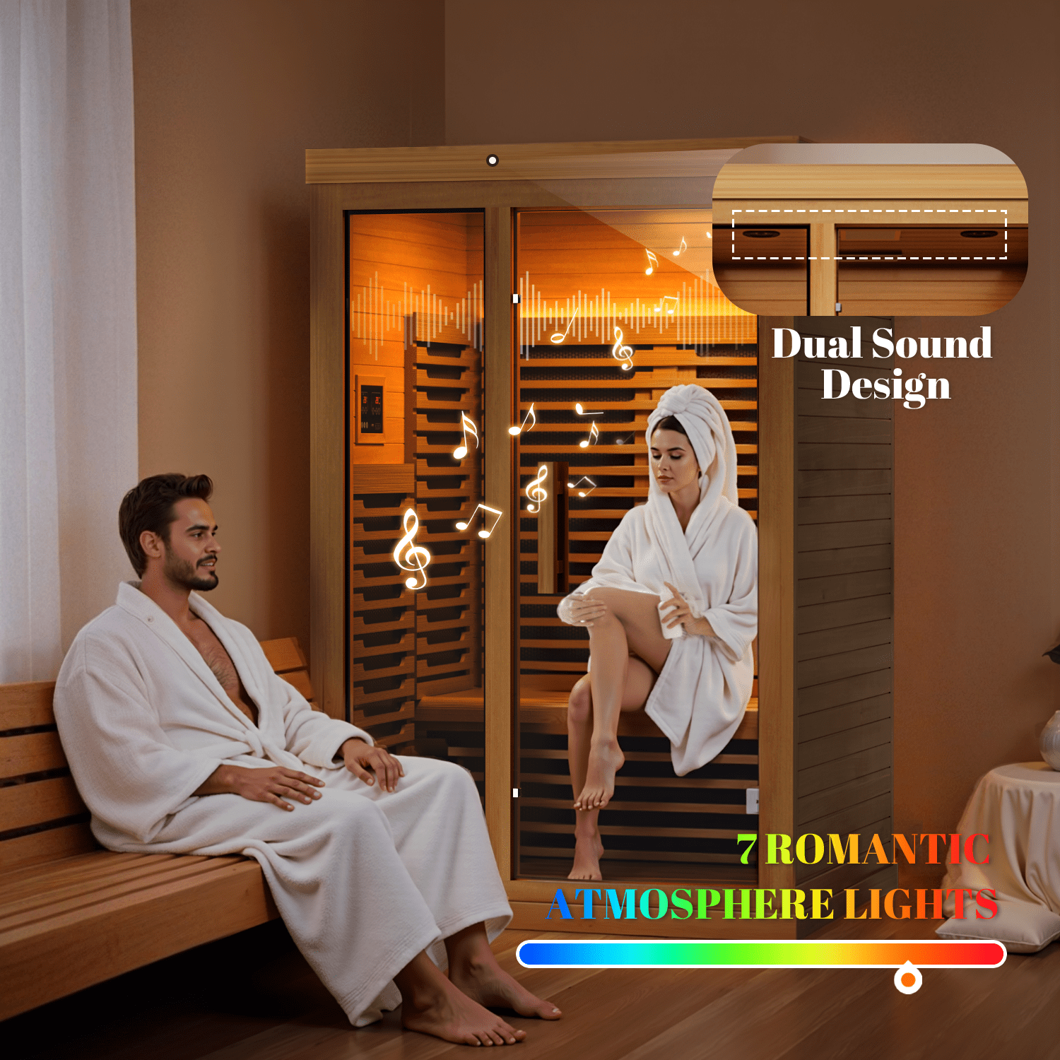 2-Person Home-Use Far-Infrared Wooden Sauna Room, with 2000W Steamert, Low Electromagnetic Radiation, Full-Spectrum Infrared Sauna, Double-Layer Tempered Glass&Bluetooth Speaker, Burlywood