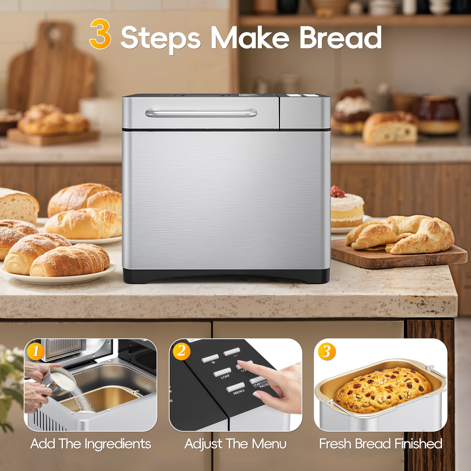 19-in-1 Bread Maker Machine with Reservation Function, 2LB Stainless Steel Automatic Bread Maker with Recipes & 1 H Keep,Silver