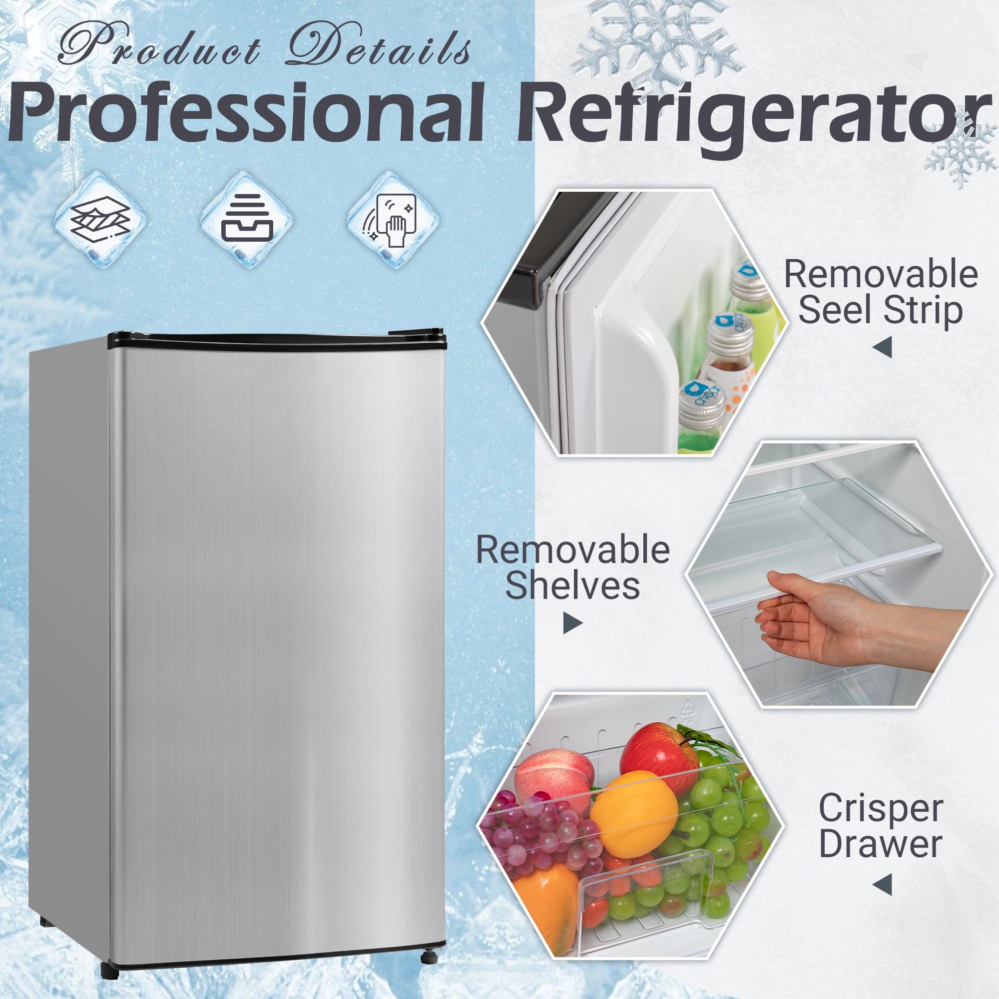 Manastin 3.3 cu. ft. Single Door Compact Refrigerator with Freezer, for Office, Bedroom, Apartment, Silver