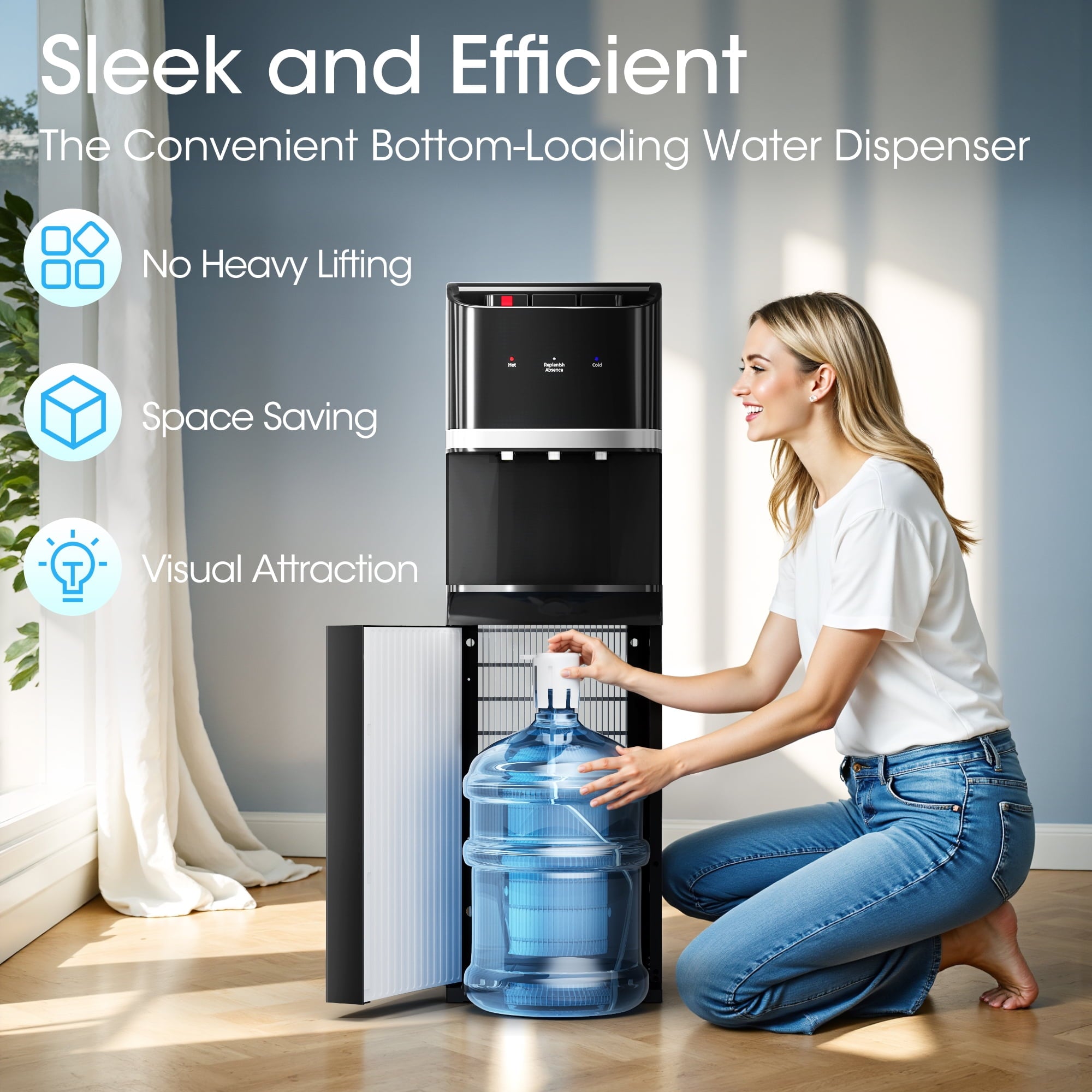 Manastin Bottom Loading 304 Stainless Steel Water Cooler Dispenser for 3-5 Gallon Bottles, Water Cooler with 3 Temperature Settings - Hot, Cold & Room Water, Ideal Design for Home & Office