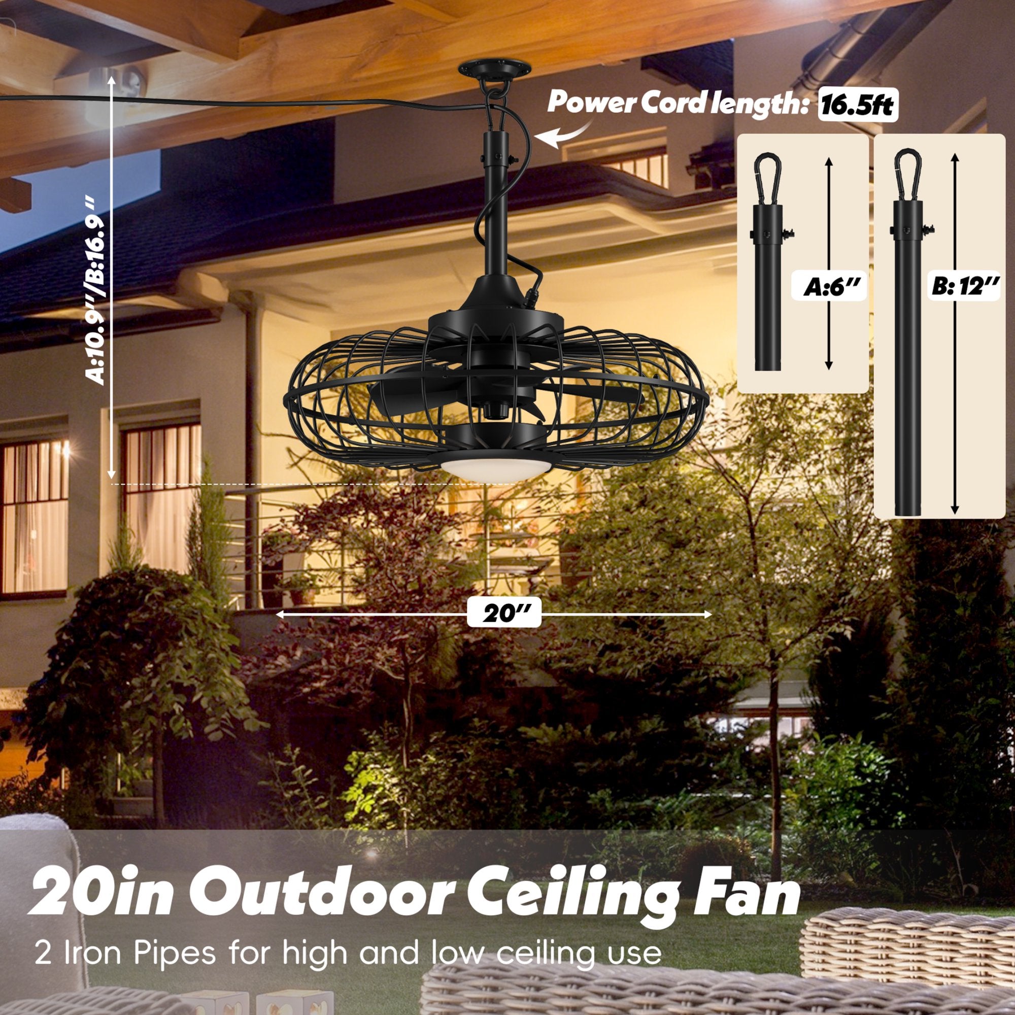 20" Outdoor Ceiling Fan with Light with Remote, 6 Speeds & Timer, 3CCT Dimmable LED, IP65 Waterproof, for Kitchen, Bedroom, Outdoor,Round