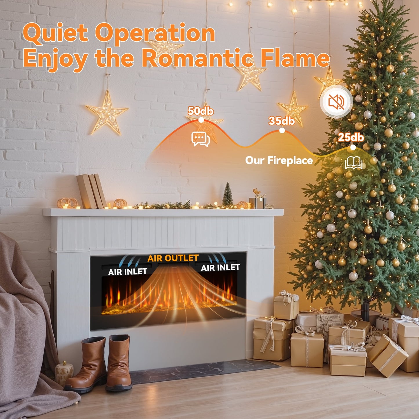 50-inch wall-mounted electric fireplace with multi-color flame, timer, low noise, touch screen and remote control