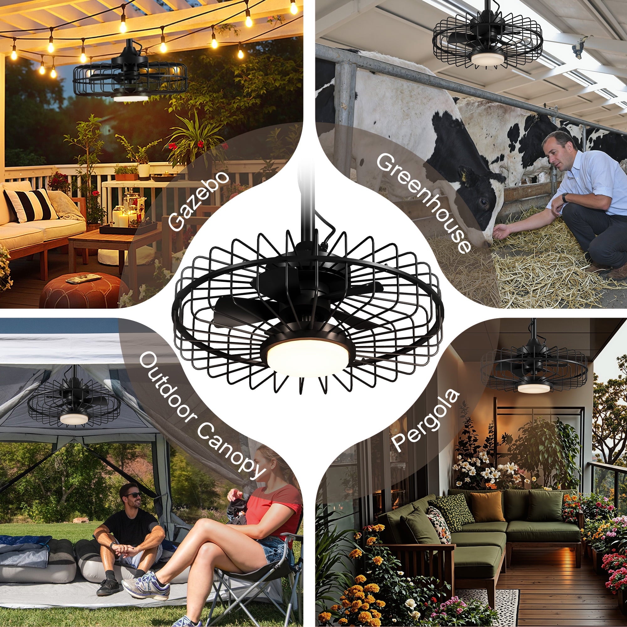 20" Outdoor Ceiling Fan with Lights,IP65 Waterproof Gazebo Hanging Fan with Remote Control, Plug in Caged Ceiling Fan with 3CCT 6-Speeds for Patio Porch Pergola, Black