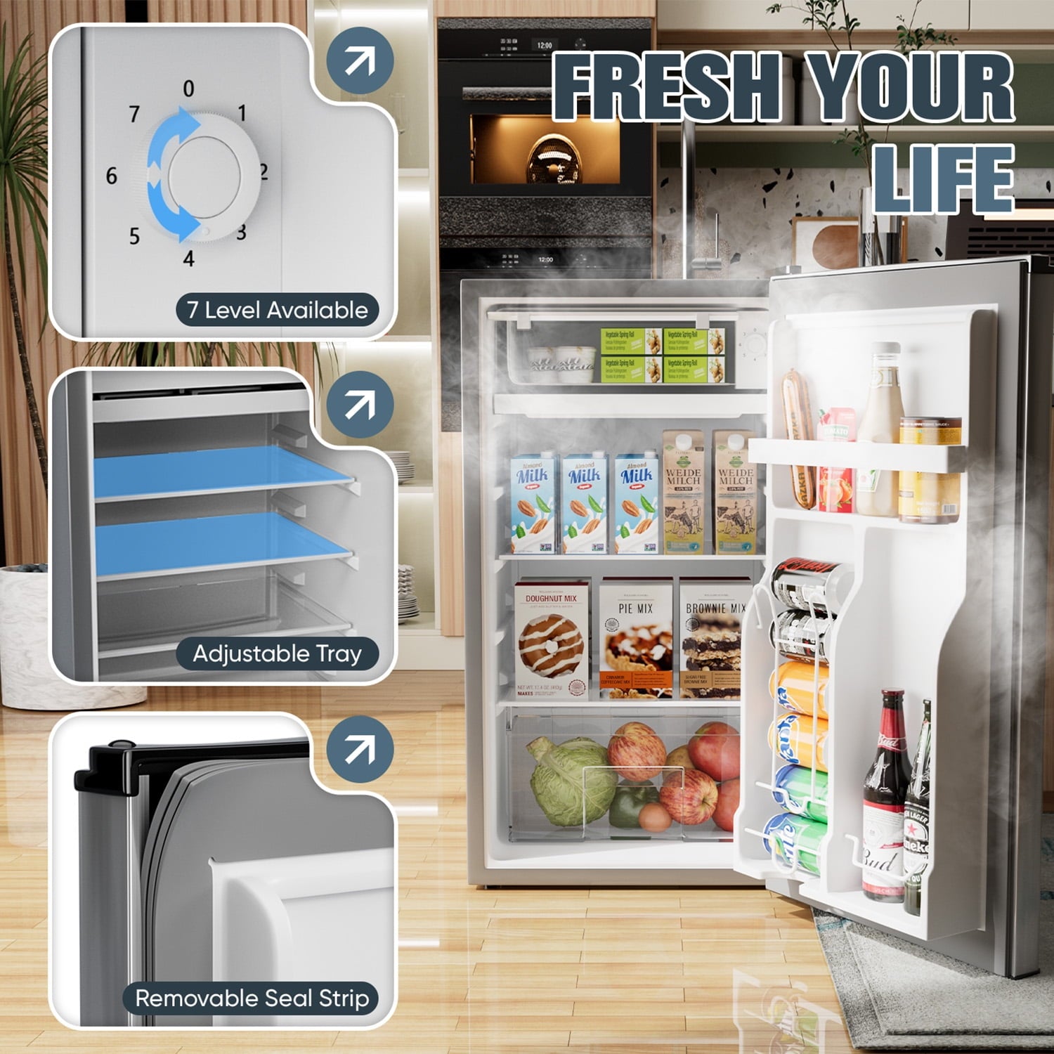 Manastin 3.2 Cu.ft Mini Fridge Energy Saving Compact Refrigerator with Reversible Door, Silver