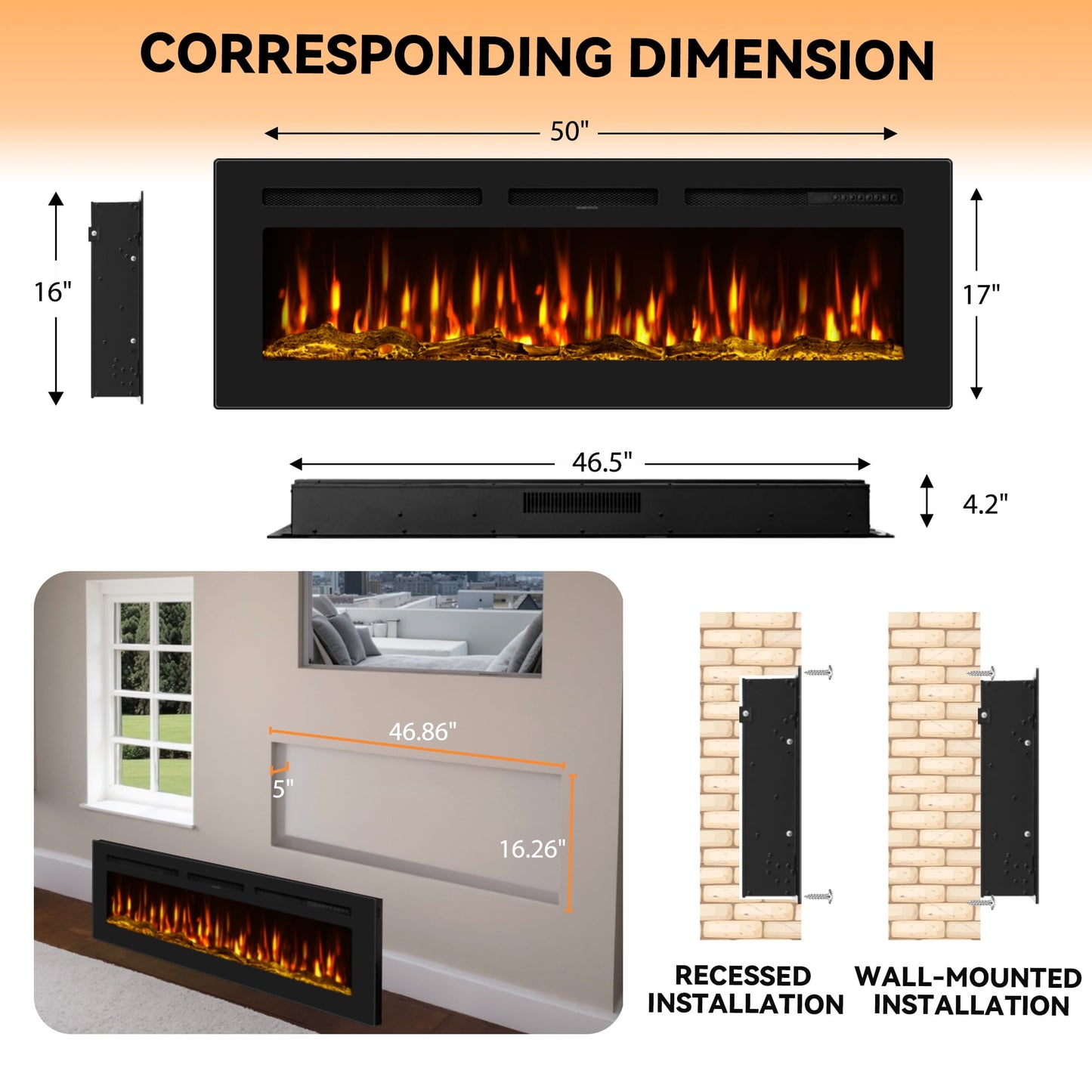 50-inch wall-mounted electric fireplace with multi-color flame, timer, low noise, touch screen and remote control