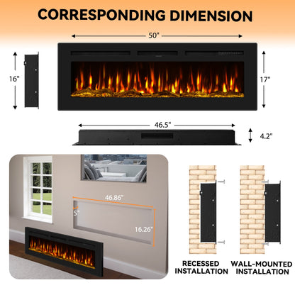 50-inch wall-mounted electric fireplace with multi-color flame, timer, low noise, touch screen and remote control