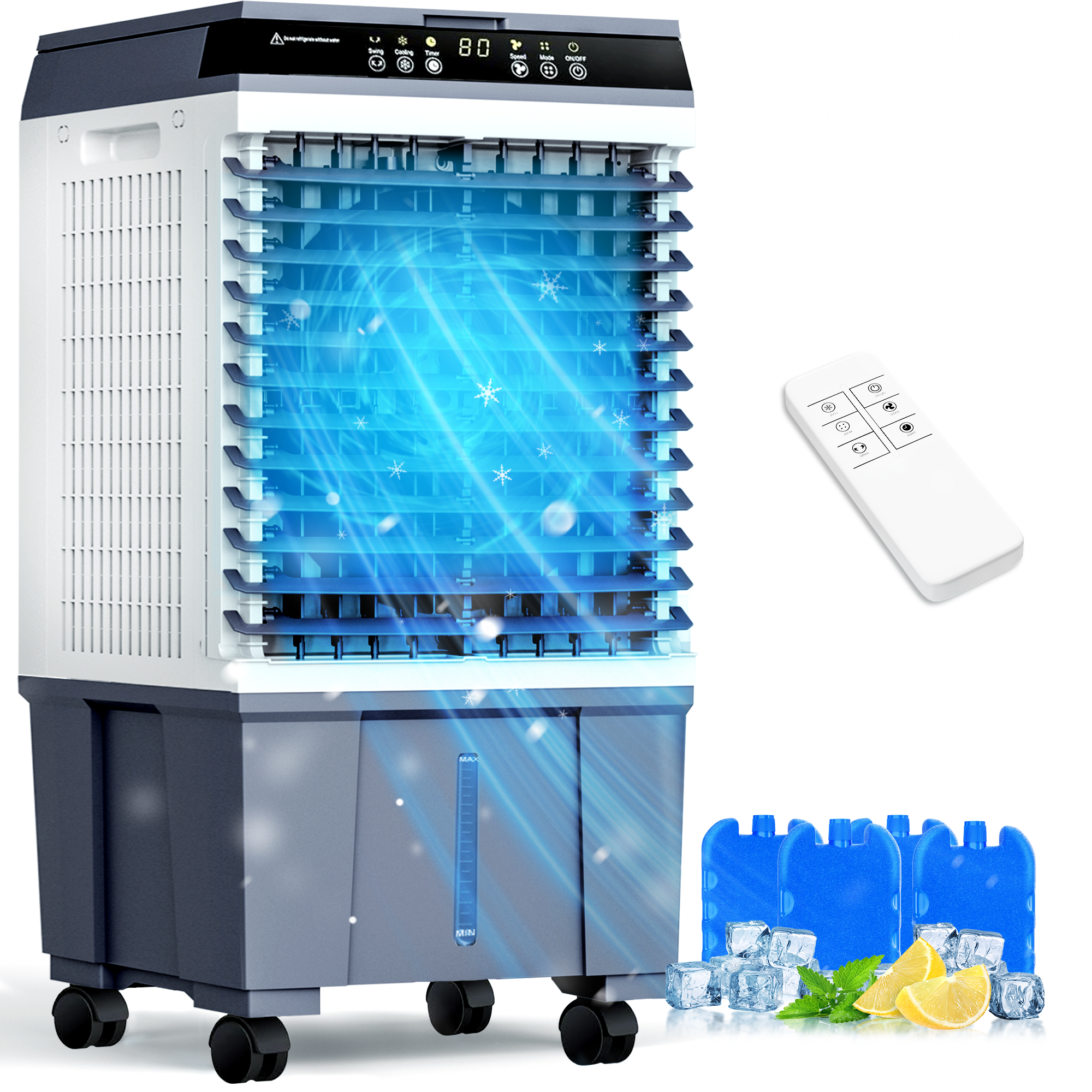 Portable Evaporative Air Cooler, 1800 CFM Swamp Cooler with Large 8-Gal Water Tank & 4 Oversized Ice Box, 120° Swing, Upgraded Remote, 12H Timer, 4-in-1 Air Cooling Fan for Indoor Outdoor, 32 inch