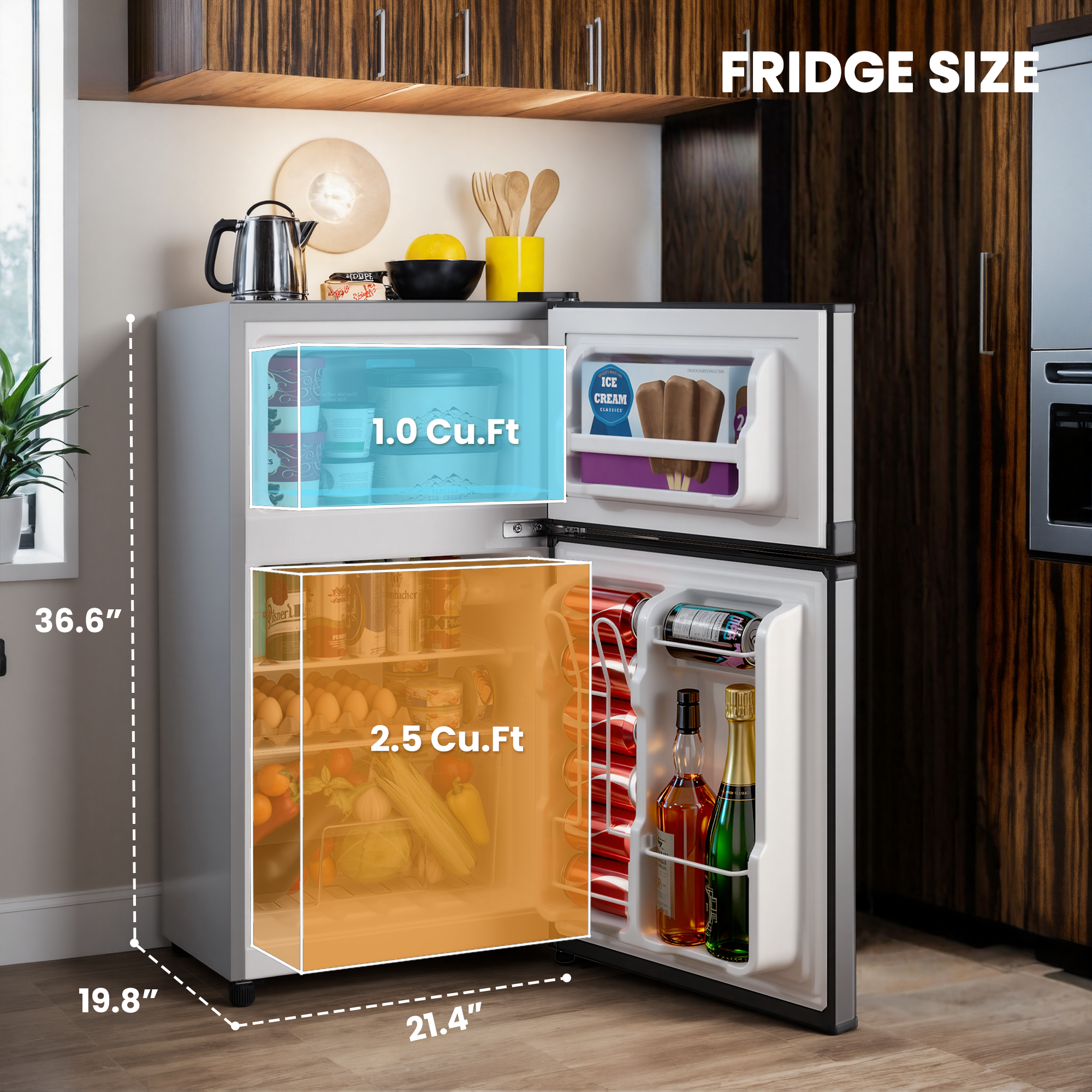 3.55 Cu.Ft Mini Fridge with Freezer, Dual-Door Compact Refrigerator for Office, Kitchen, Dorm & Bedroom, Adjustable Shelves,Matte Silver