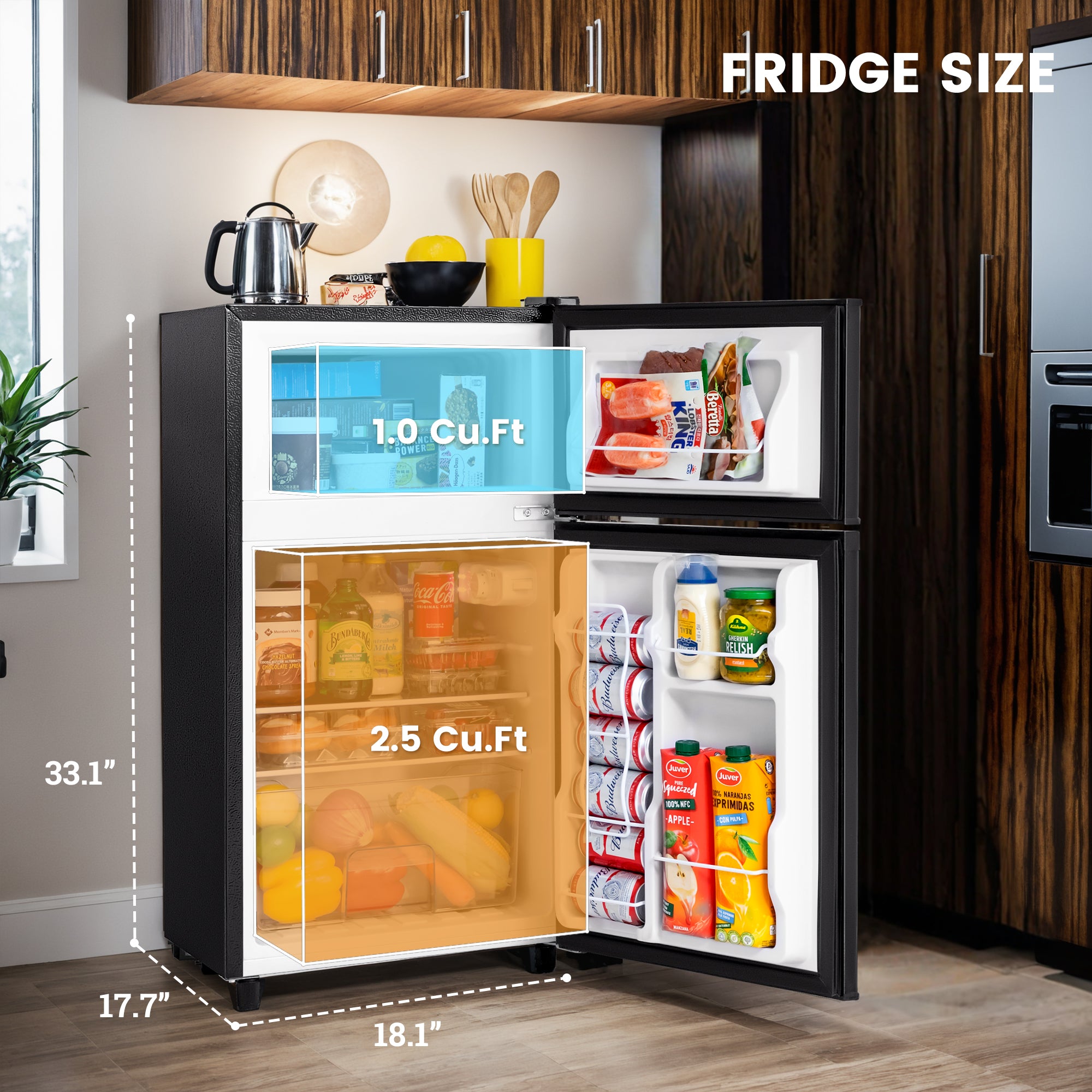 Manastin 3.5 Cu.Ft Mini Fridge with Freezer, Adjustable Thermostat, Low Noise, Removable Glass Shelves, 2 Door Small Refrigerator for Kitchen, Dorm, Office, Bedroom,Black