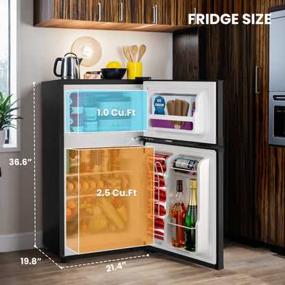 3.55 Cu.Ft Mini Fridge with Freezer, Dual-Door Compact Refrigerator for Office, Kitchen, Dorm & Bedroom, Adjustable Shelves,Jet Black