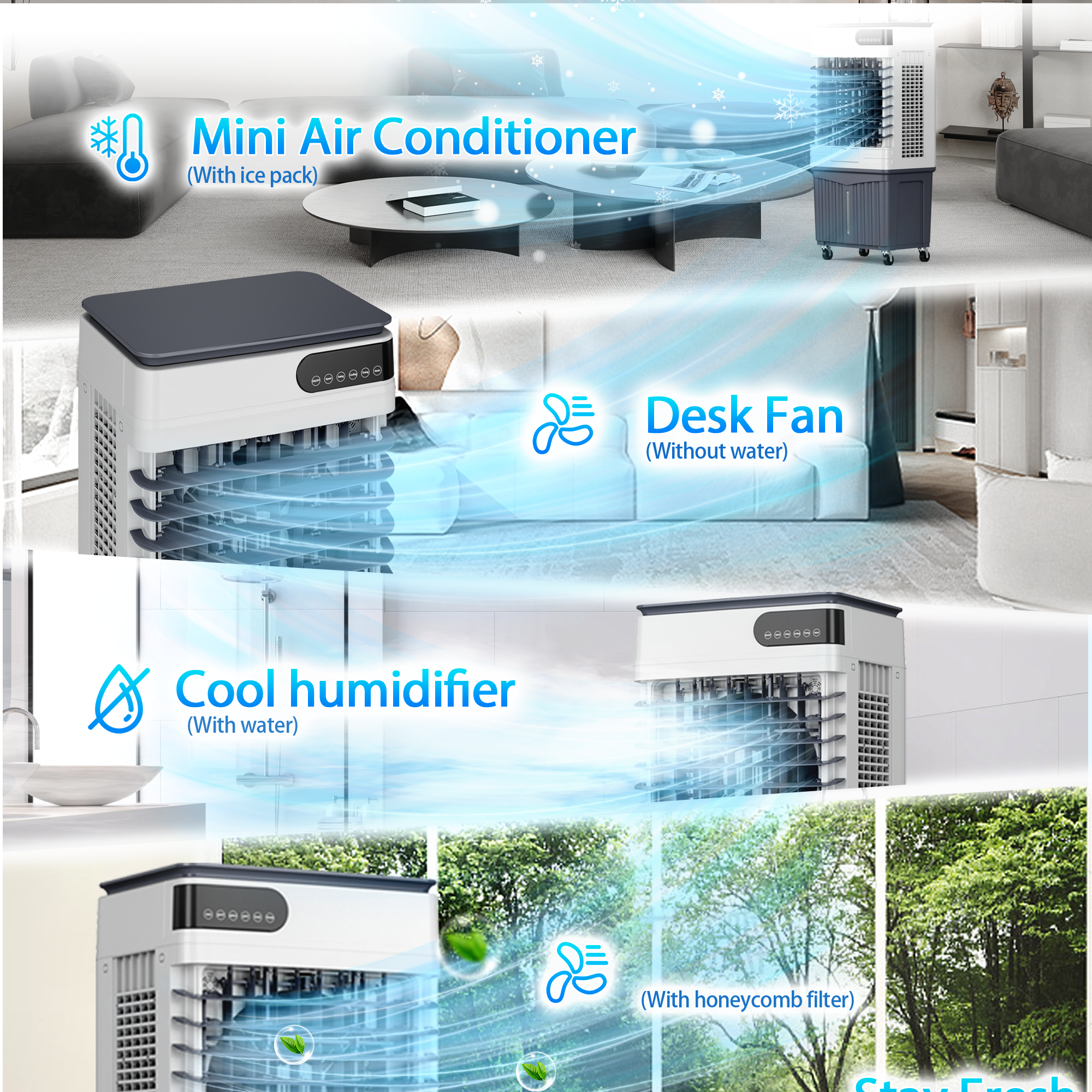Manastin Evaporative Air Cooler, 3d Cooling, 18.5 Gallon Tank, 3 Speeds, 12 Hour Timer, 3 Ice Boxes, Indoor or Outdoor Use, Energy-Saving