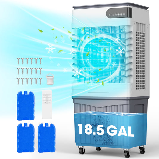 Manastin Evaporative Air Cooler, 3d Cooling, 18.5 Gallon Tank, 3 Speeds, 12 Hour Timer, 3 Ice Boxes, Indoor or Outdoor Use, Energy-Saving