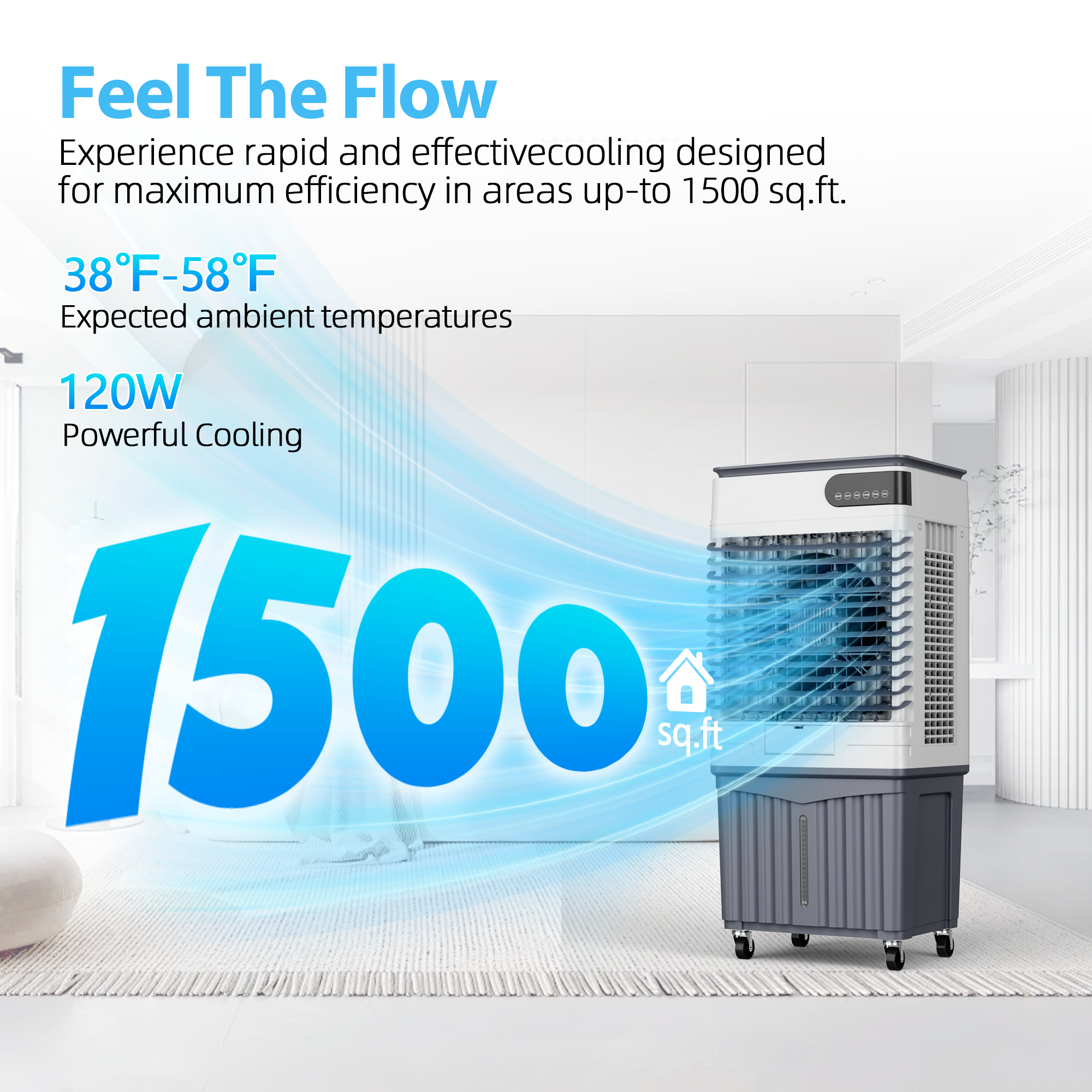 Manastin Evaporative Air Cooler, 3d Cooling, 18.5 Gallon Tank, 3 Speeds, 12 Hour Timer, 3 Ice Boxes, Indoor or Outdoor Use, Energy-Saving