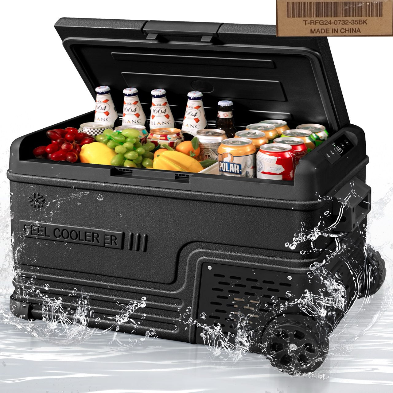 Manastin 12V Car Refrigerator, Portable Freezer (12/24V DC & 110~240V AC), -4℉ to 50℉, 37QT (35L) Truck Fridge with Wheels, Baskets & Shelf for RV, Van, Camping, Travel, and Road Trips(Black)