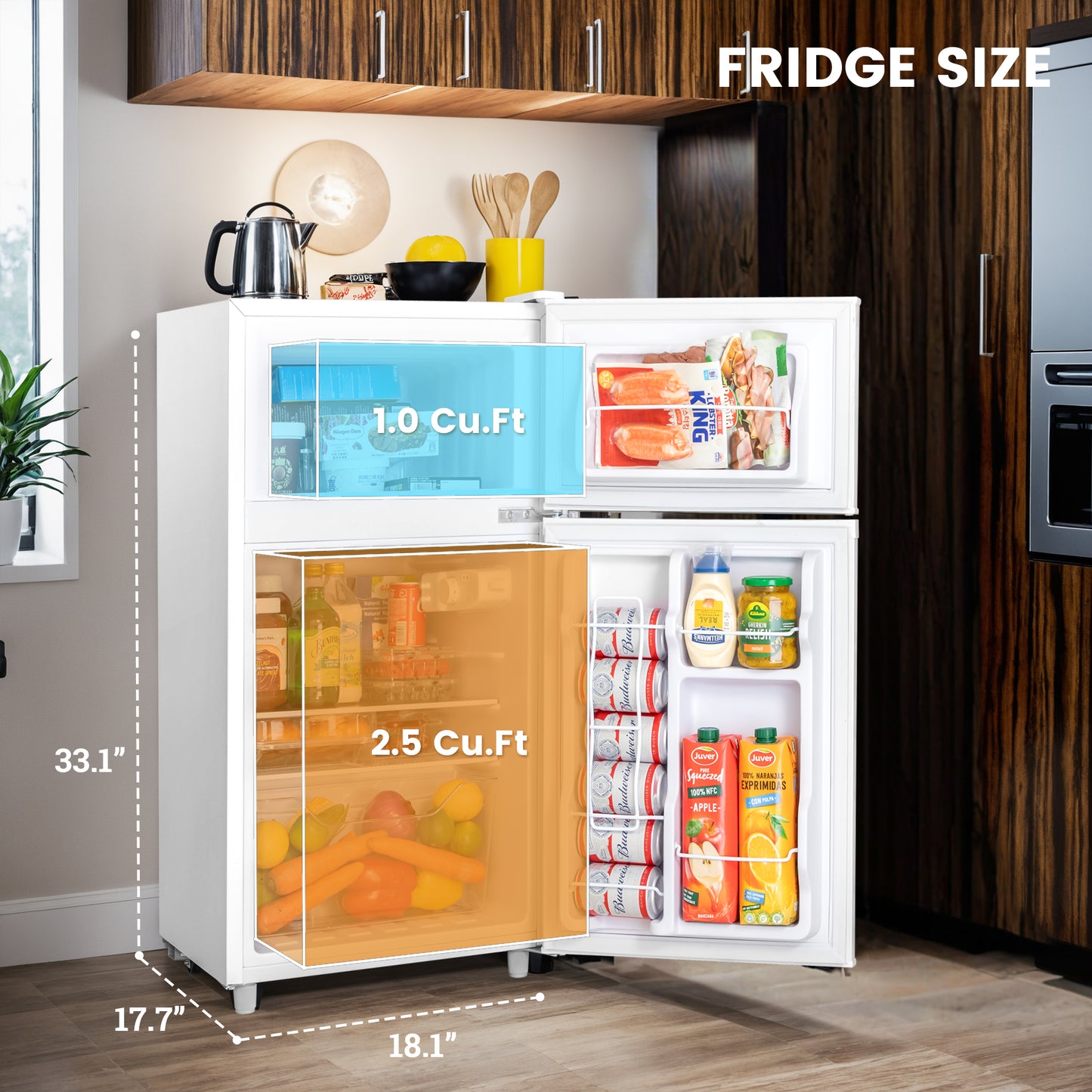 Manastin 3.5 Cu.Ft Mini Fridge with Freezer, Adjustable Thermostat, Low Noise, Removable Glass Shelves, 2 Door Small Refrigerator for Kitchen, Dorm, Office, Bedroom,White