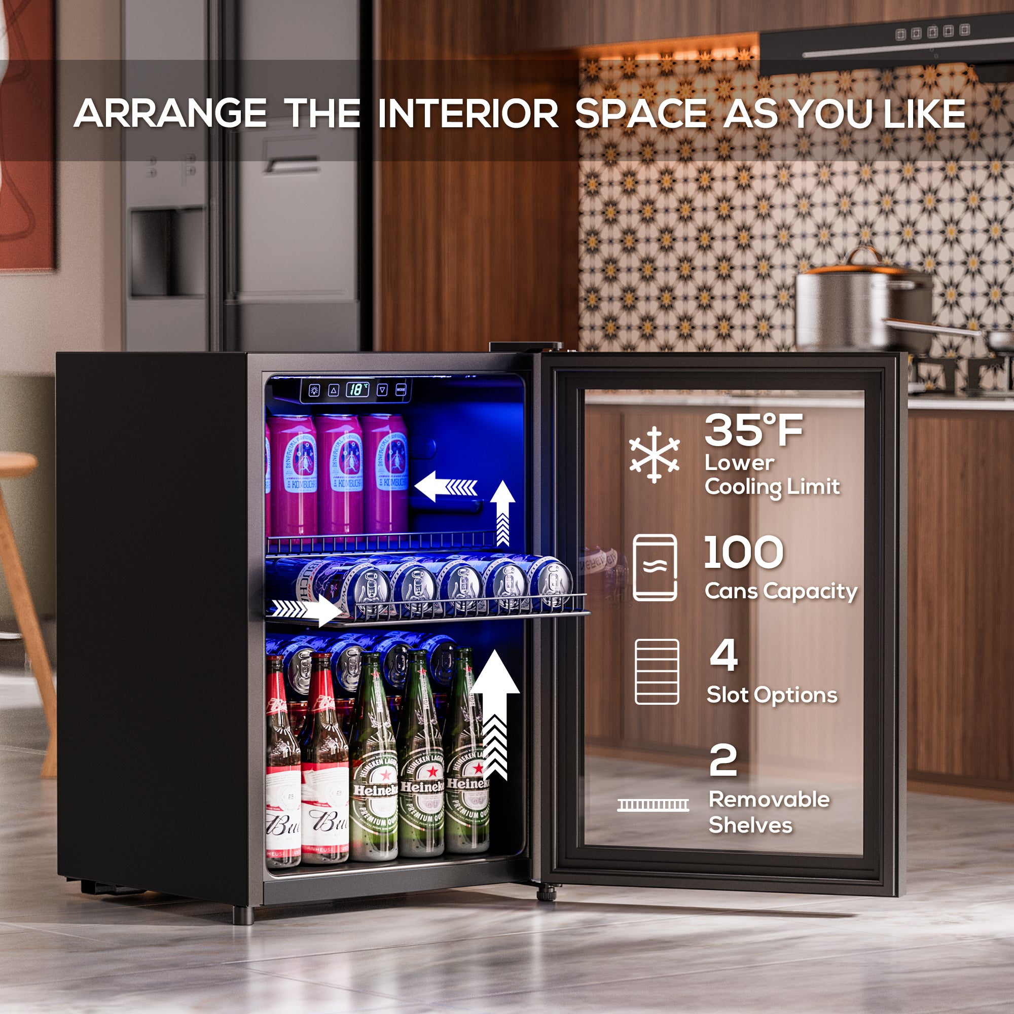 Manastin 100 Can Beverage Refrigerator Cooler 2.47 Cu.ft Mini Fridge with Glass Door & Adjustable Shelves, Perfect for Home, Office or Bar