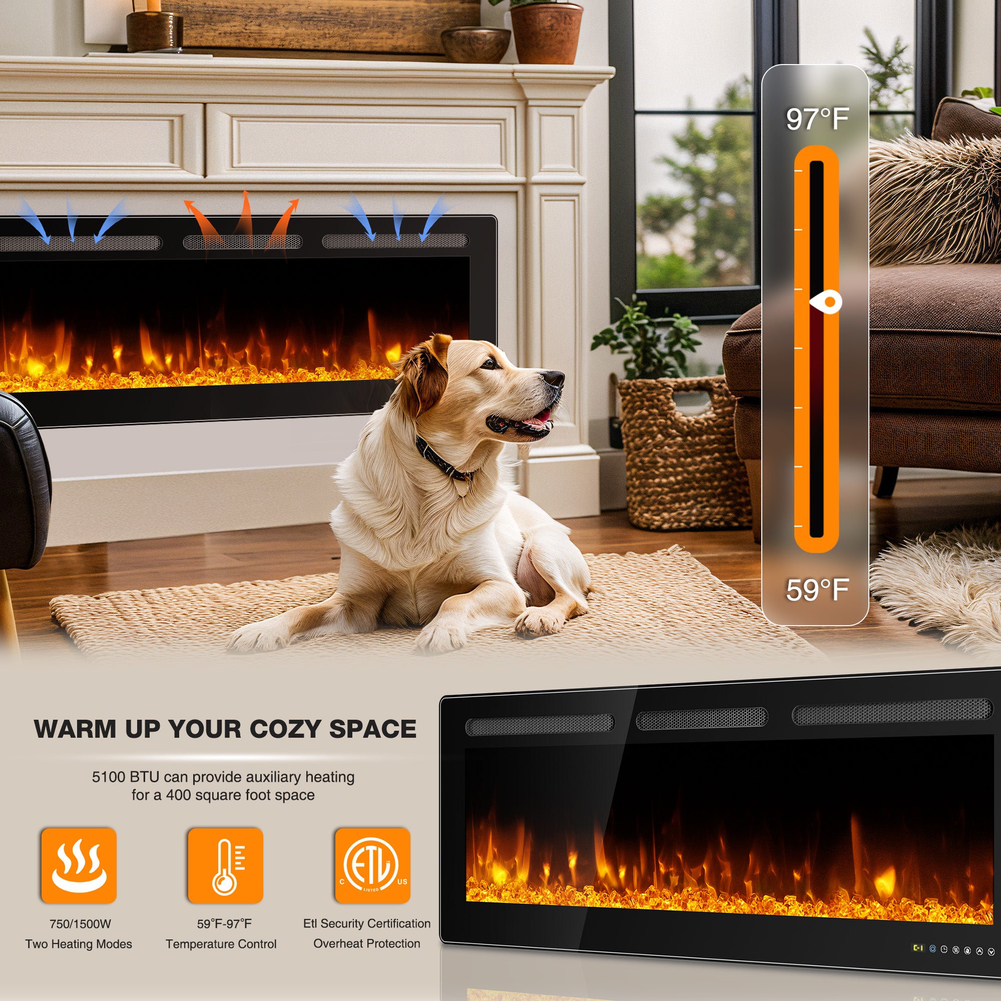 Manastin 50” Electric Fireplace Recessed and Wall Mounted Ultra-Thin Fireplace Heater Silence Linear Fireplace w/Timer, Multicolor Flame & Crystal, 750W/1500W,Touch Screen & Remote Control