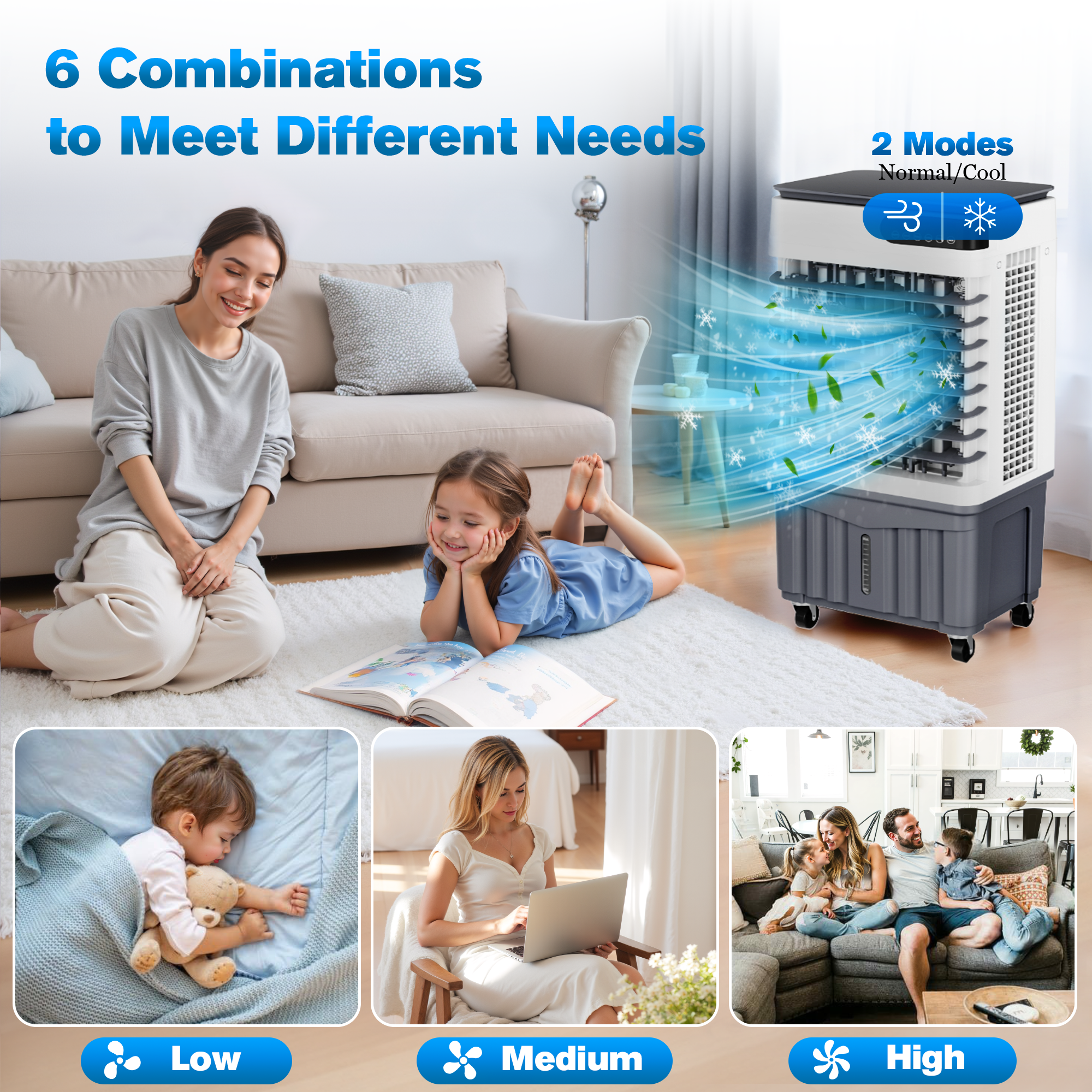Swamp Cooler Air Conditioners, 4-IN-1 Portable Evaporative Cooler Cools Up to 600 Sq.Ft, Large 8.5Gal Tank for 24/7 Cooling, Low Noise Cooling Fan with Remote Control Fits for Large Rooms