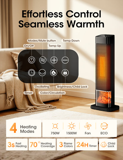 Manastin 24" Electric Heater for Indoor Use, Oscillating Tower Space Heater with Remote, Fireplace Effect, Timer, Child Lock & Safety Protection, Quiet Portable Heater for Office, Under Desk, Bedroom