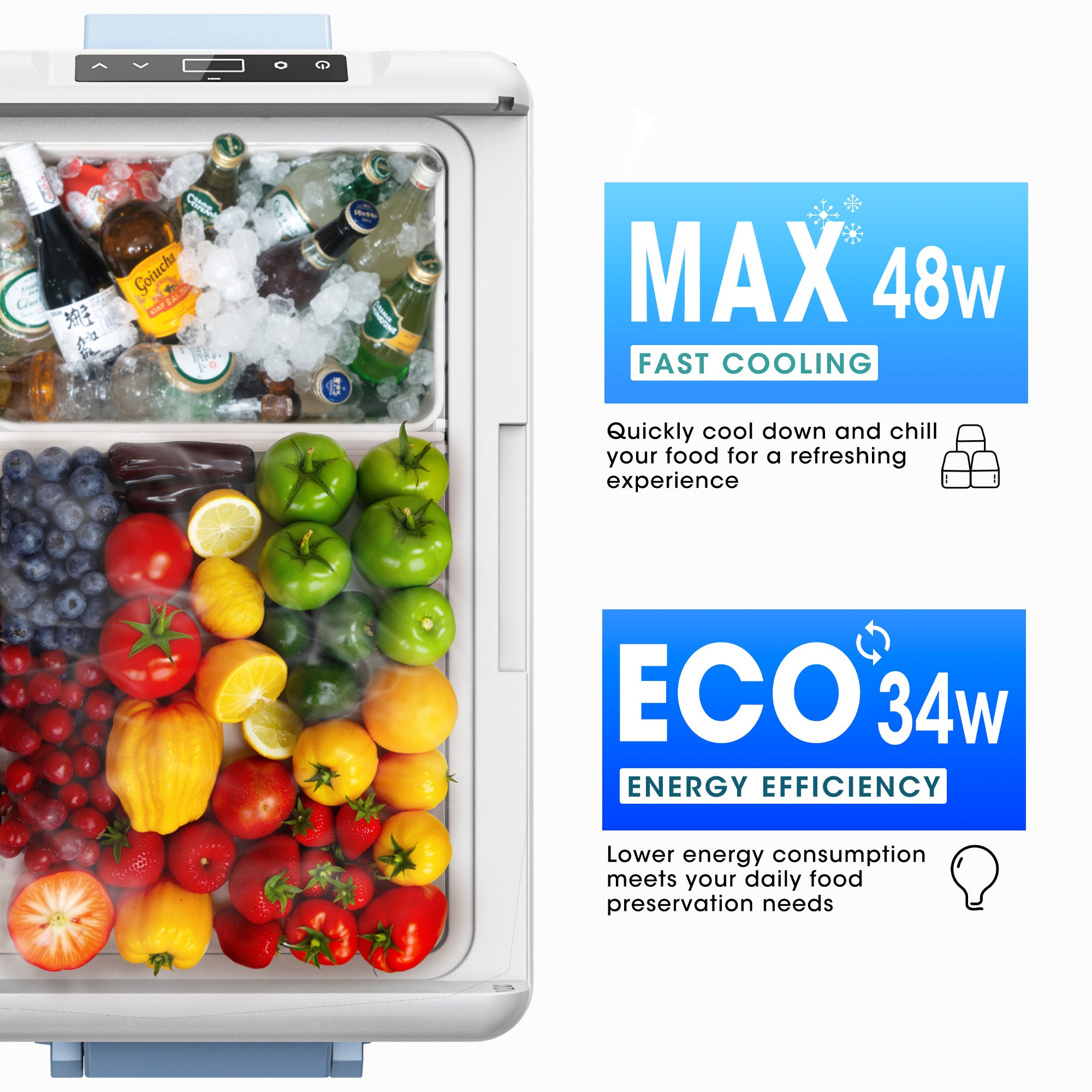 Manastin 12V Car Refrigerator, Portable Freezer (12/24V DC & 110~240V AC), -4℉ to 50℉, 37QT (35L) Truck Fridge with Wheels, Baskets & Shelf for RV, Van, Camping, Travel, and Road Trips(Blue)