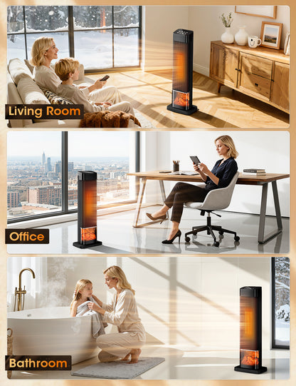 Manastin 24" Electric Heater for Indoor Use, Oscillating Tower Space Heater with Remote, Fireplace Effect, Timer, Child Lock & Safety Protection, Quiet Portable Heater for Office, Under Desk, Bedroom