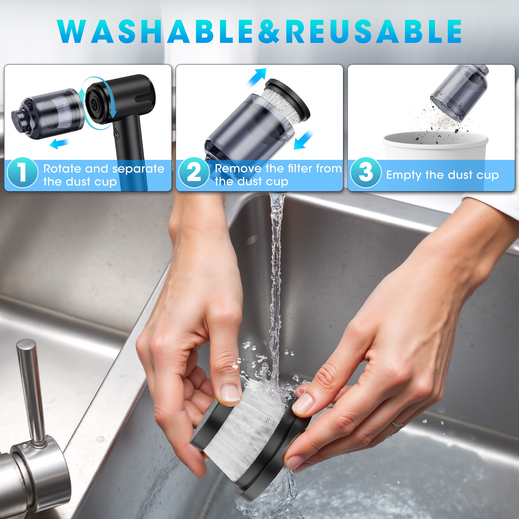 Manastin 8-in-1 Cordless Handheld Vacuum Cleaner - 16,000PA Powerful Suction, 4000mAh Battery, Washable and Reusable