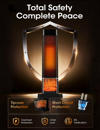 Manastin 24" Electric Heater for Indoor Use, Oscillating Tower Space Heater with Remote, Fireplace Effect, Timer, Child Lock & Safety Protection, Quiet Portable Heater for Office, Under Desk, Bedroom