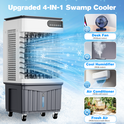 Swamp Cooler Air Conditioners, 4-IN-1 Portable Evaporative Cooler Cools Up to 600 Sq.Ft, Large 8.5Gal Tank for 24/7 Cooling, Low Noise Cooling Fan with Remote Control Fits for Large Rooms