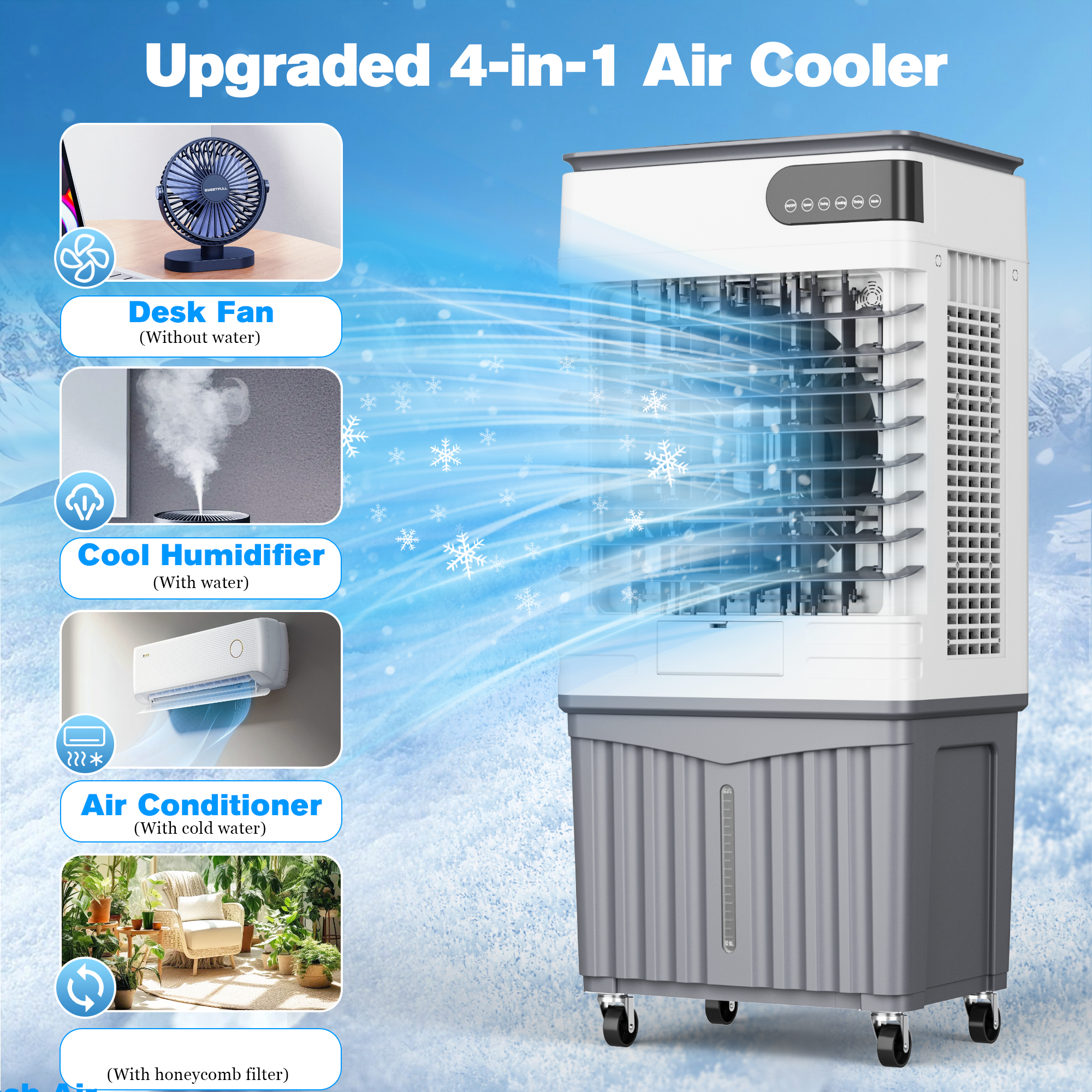 Portable Evaporative Air Cooler, 3400 CFM Swamp Cooler with large 13.5 Gal Water Tank & 4 Oversized Ice Box, 120° Swing, Upgraded Remote, 12H Timer, 4-in-1 Air Cooling Fan for Outdoor Indoor, 42 inch