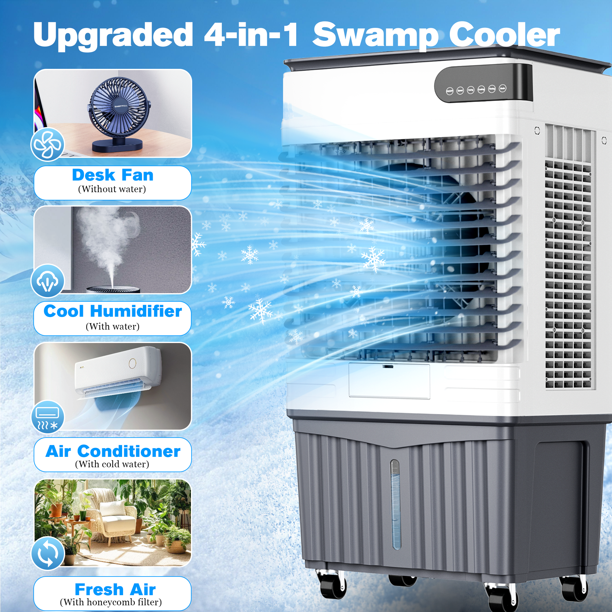 Swamp Cooler Air Conditioners, 4-IN-1 Portable Evaporative Cooler Cools Up to 1500 Sq.Ft, Large 18.5Gal Tank for 24/7 Cooling, Low Noise Cooling Fan with Remote Control Fits for Large Rooms