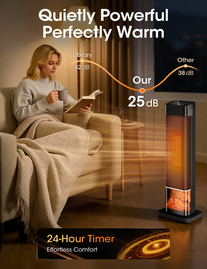 Manastin 24" Electric Heater for Indoor Use, Oscillating Tower Space Heater with Remote, Fireplace Effect, Timer, Child Lock & Safety Protection, Quiet Portable Heater for Office, Under Desk, Bedroom
