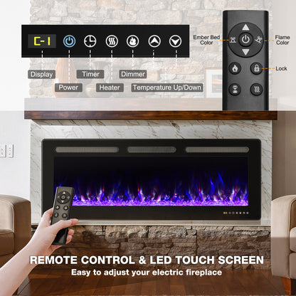 Manastin 50” Electric Fireplace Recessed and Wall Mounted Ultra-Thin Fireplace Heater Silence Linear Fireplace w/Timer, Multicolor Flame & Crystal, 750W/1500W,Touch Screen & Remote Control