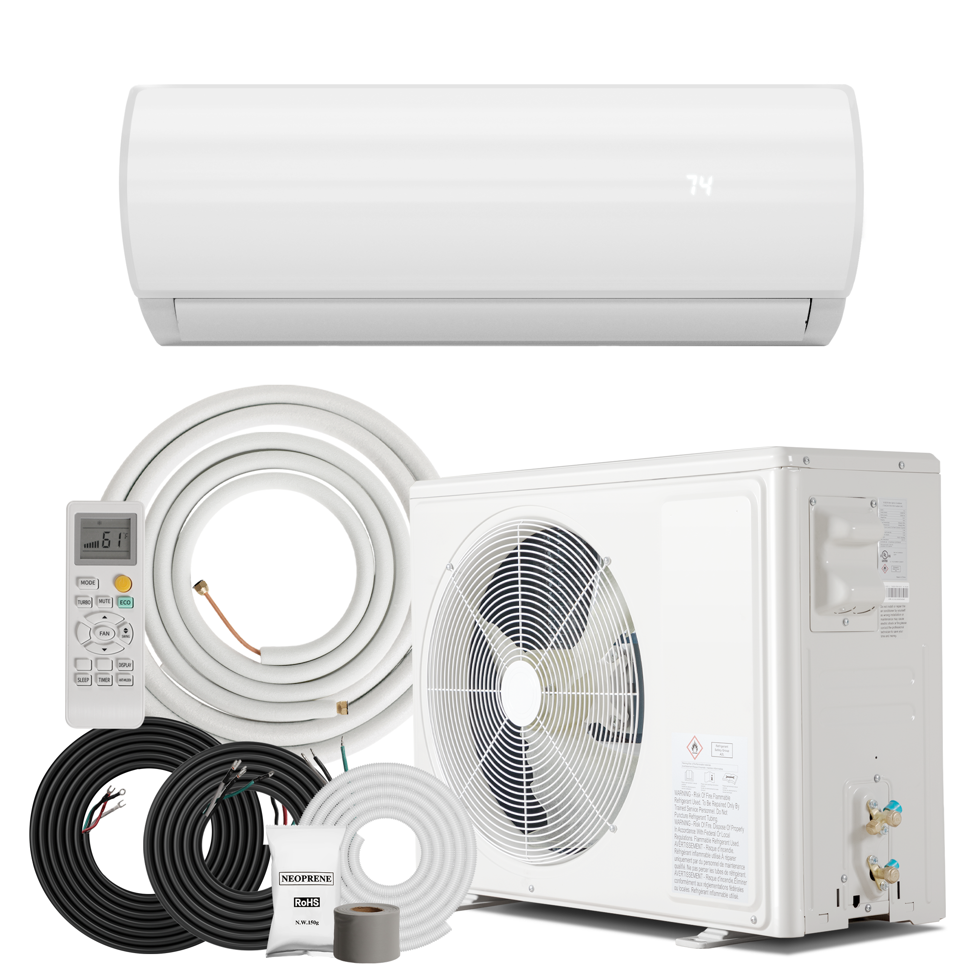 18000BTU Mini Split Air Conditioner& Heater with Inverter, Energy Efficient Inverter AC with Heat Pump, Complete Installation Kit,19 SEER2 230V AC Unit Cools Rooms up to 1250 Sq. Ft,  White