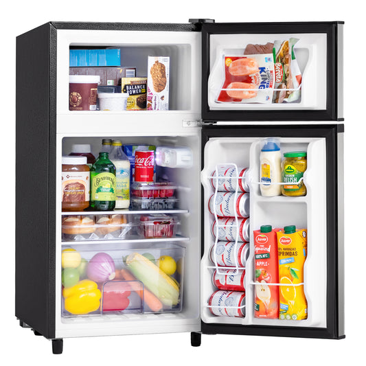 Manastin 3.5 Cu.Ft 2-Door Mini Fridge with Freezer, Compact Refrigerator with 7-Level Adjustable Thermostat for Dorm, Office, Kitchen, Apartment & Living Room (Silver)