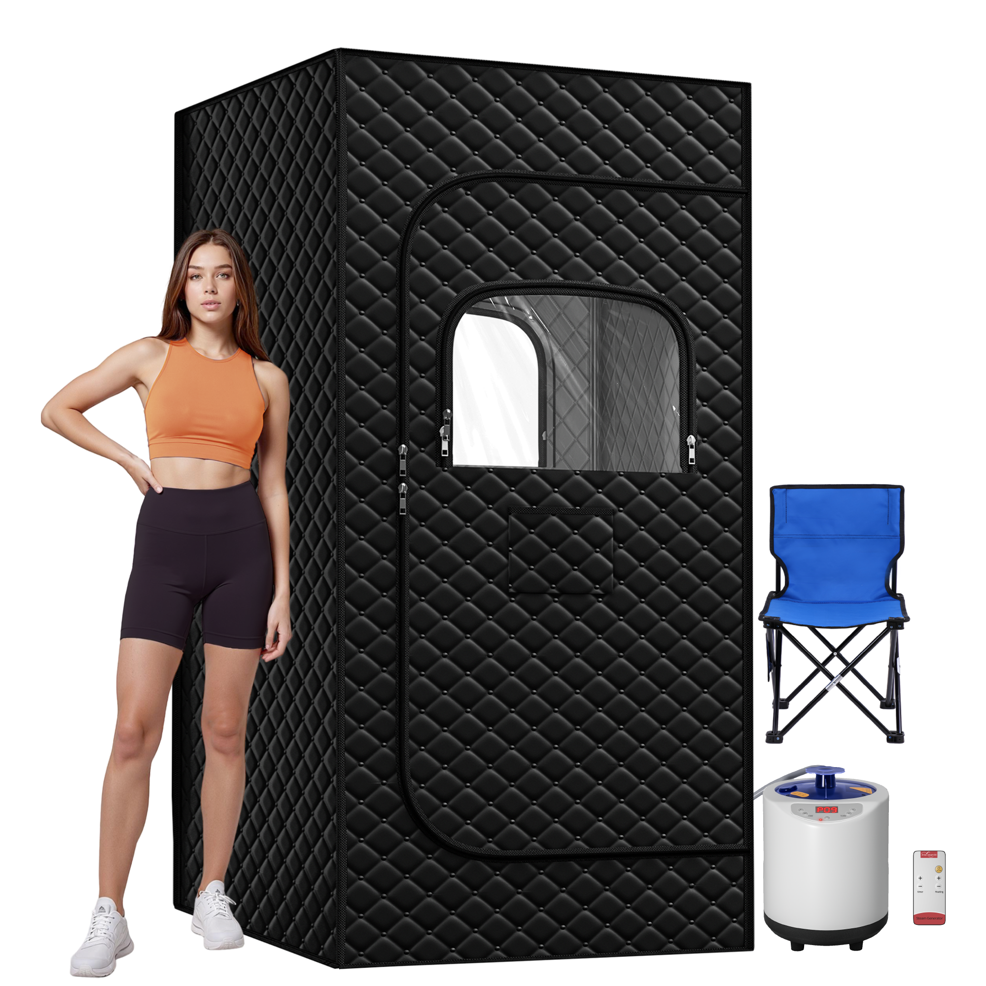 1-Person Portable Steam Sauna Tent with 3L 1200W Steamer, 15-Level Temperature, 99Min-Timer, Rapid Heating, Remote Control, Folding Chair, 71" x 32" x 32" ( Cotton, Black )