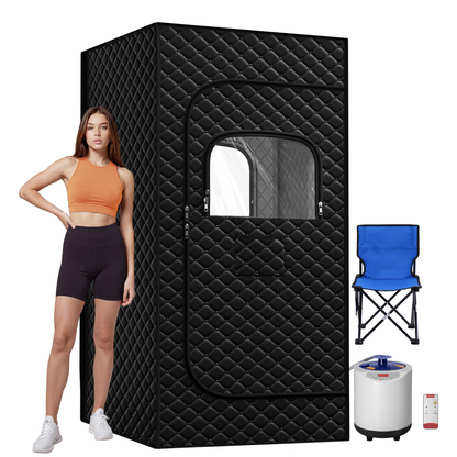 1-Person Portable Steam Sauna Tent with 3L 1200W Steamer, 15-Level Temperature, 99Min-Timer, Rapid Heating, Remote Control, Folding Chair, 71" x 32" x 32" ( Cotton, Black )