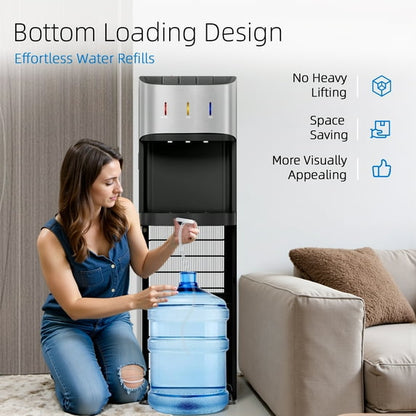 Manastin Bottom Load Water Cooler Dispenser for 5 Gallon Bottles, 3 Temperatures (Hot, Cold, and Room), Rapid cooling, LED Lighting, Empty Bottle Alert, Silver