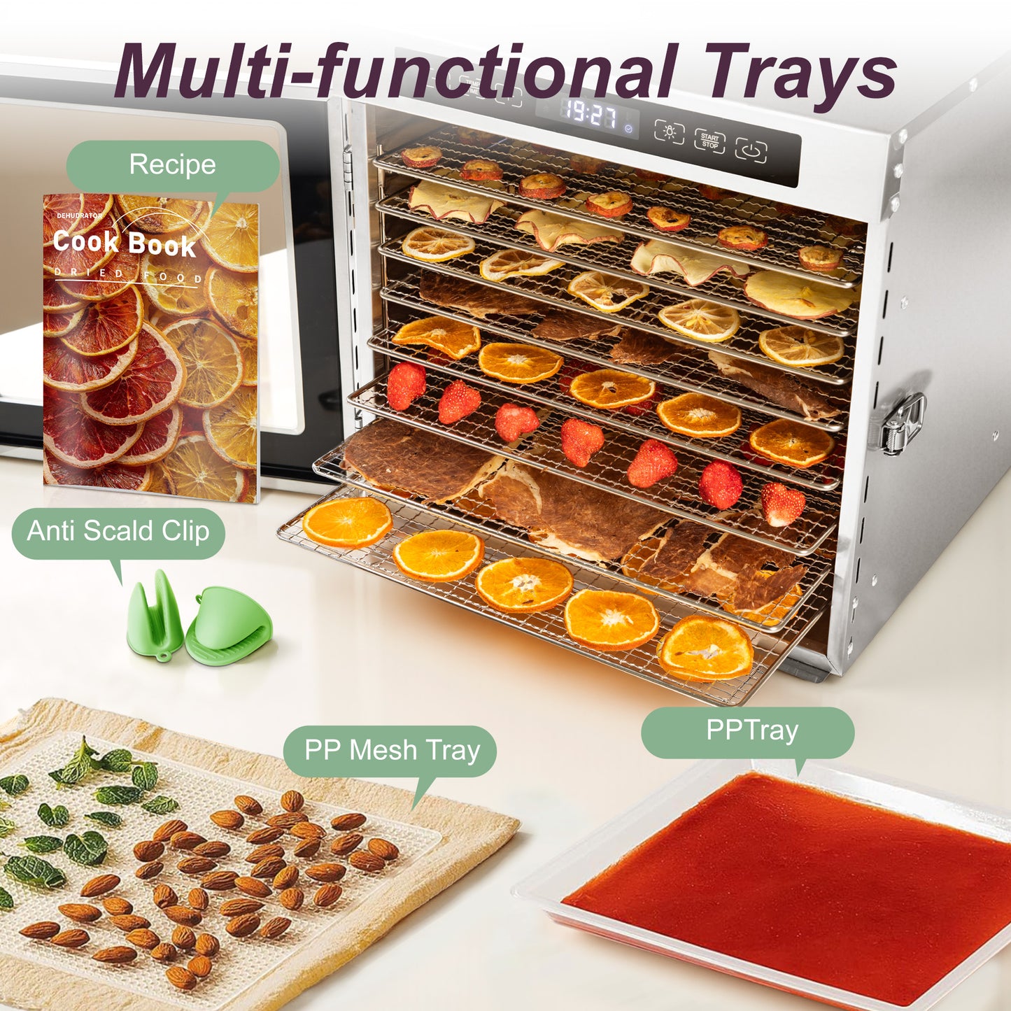 Manastin Food Dehydrator with 6 Stainless Steel Trays, Adjustable Temperature & 24-Hour Timer, Perfect for Drying Fruits, Meat, Herbs, Beef Jerky, and Snacks