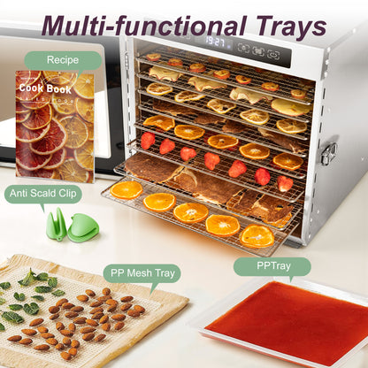 Manastin Food Dehydrator with 6 Stainless Steel Trays, Adjustable Temperature & 24-Hour Timer, Perfect for Drying Fruits, Meat, Herbs, Beef Jerky, and Snacks