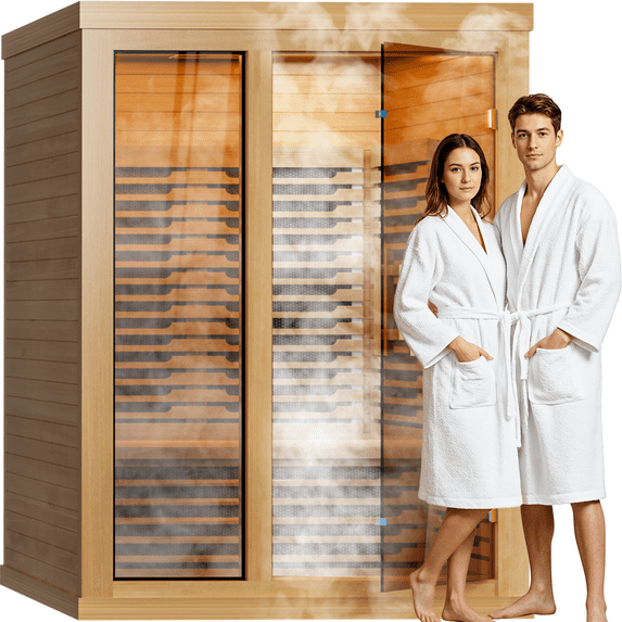 2-Person Home-Use Far-Infrared Wooden Sauna Room, with 2000W Steamert, Low Electromagnetic Radiation, Full-Spectrum Infrared Sauna, Double-Layer Tempered Glass&Bluetooth Speaker, Burlywood