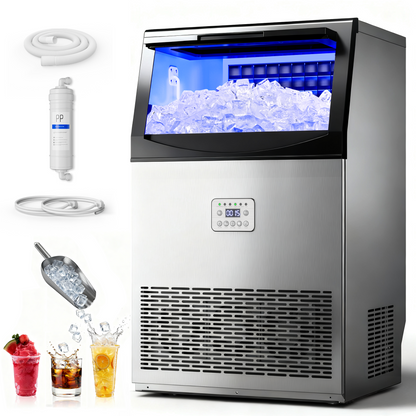 Manastin Commercial Ice Maker, 100lbs/24H Large Ice Machine with 33lbs Storage Capacity, Under Counter Ice Maker with Water Filter, for Home & Bar, Self-Cleaning, Timer, 50 Ice Cubes/15 Mins