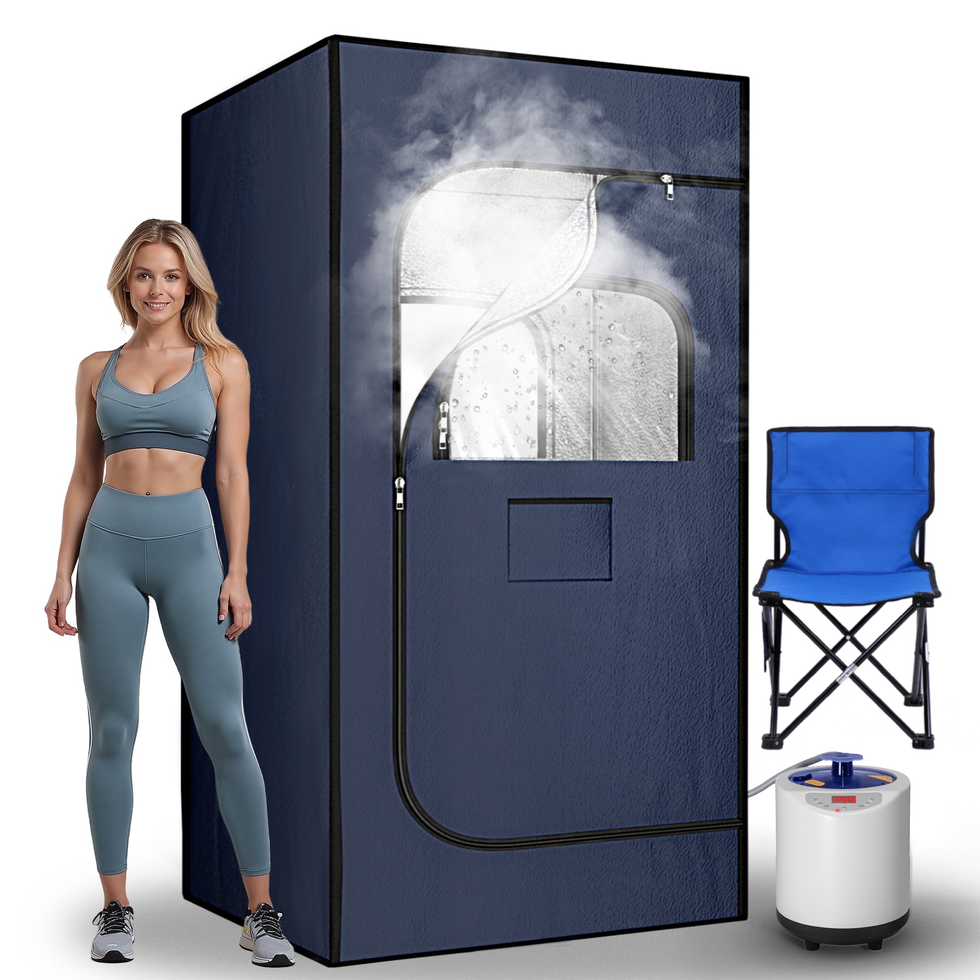 Portable Steam Sauna, 15 Levels of Foldable Sauna for Home, Sauna Box with 1200w 3L Steamer, Personal Sauna with Remote Control and Folding Chair, (Oxford Cloth, Navy Blue)