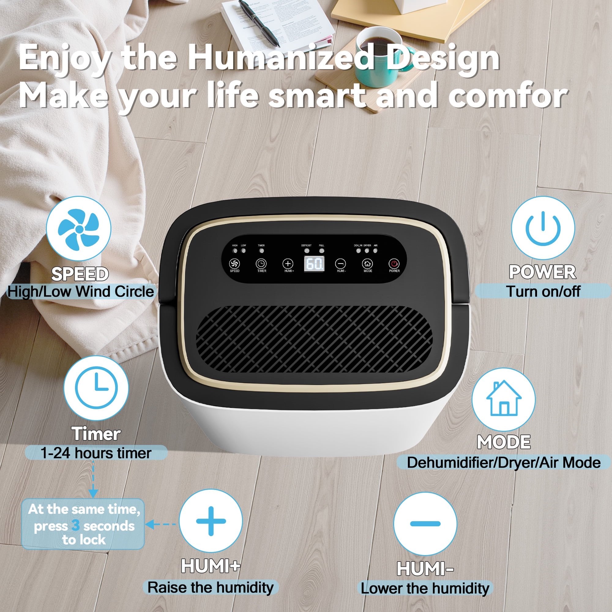 Manastin 9-Pint (DOE) Multi-Function Dehumidifier, 3000 Sq. Ft Coverage Area with 3 Modes, 74 OZ Water Tank/24H-Timer/Drain Hose/Child lock, for Bedroom/Office/Laundry Room