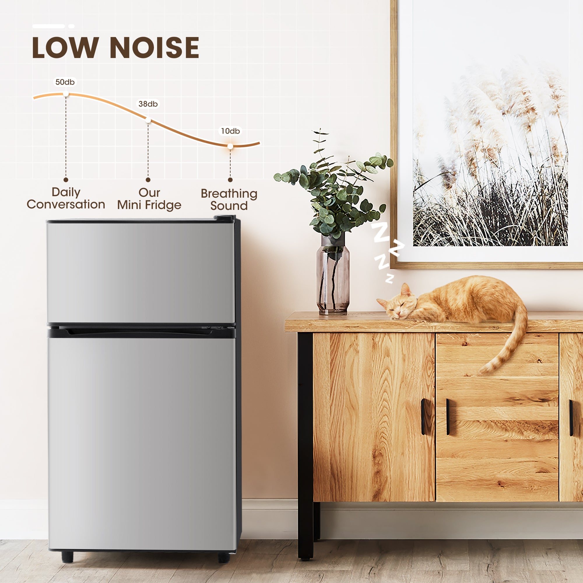 3.55 Cu.Ft Mini Fridge with Freezer, Dual-Door Compact Refrigerator for Office, Kitchen, Dorm & Bedroom, Adjustable Shelves, Silver